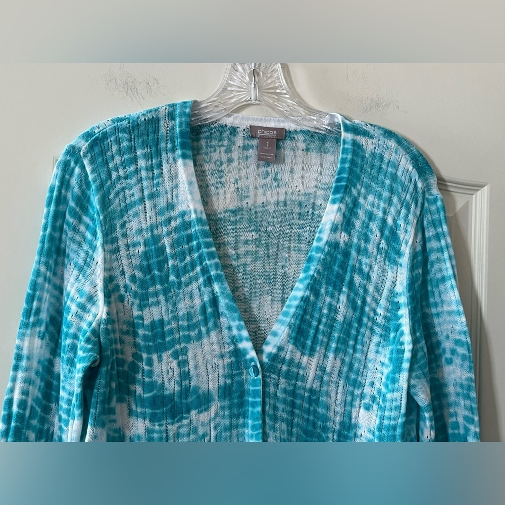 Chico’s Turquoise Tie-Dye Spring Cardigan Button Down Women’s Size Medium - Picture 9 of 14